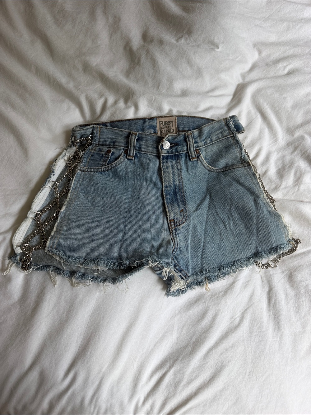LF Light Blue Distressed Denim Shorts with Chain Cut Out Detail